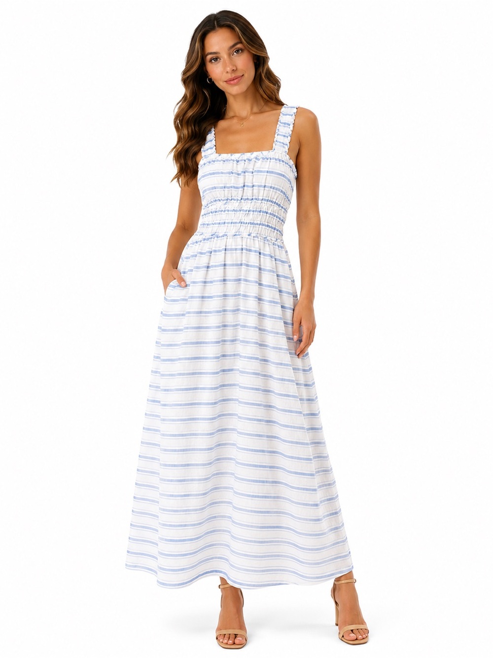 Altar'd State White and Light Blue Striped Maxi Sundress